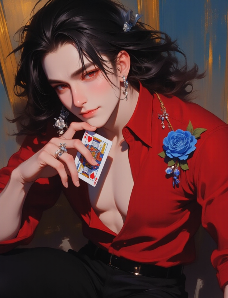 A young man with jet-black hair and piercing eyes, wearing a red shirt, adorned with a blue rose pin and delicate earrings. He holds a playing card in his hand. The background features an illusory wall. His pose exudes mystery and charm. His gaze meets the camera, with an enigmatic smile on his face, further enhancing his personal allure.
