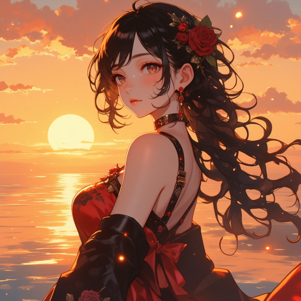 Permukaan laut di bawah senja, berkilauan, nuansa cerah sore hari membungkus gadis yang mengenakan gaun merah cerah. Bayangan dramatis dan highlight yang kontras membuatnya menonjol jelas dengan latar belakang laut yang tenang.