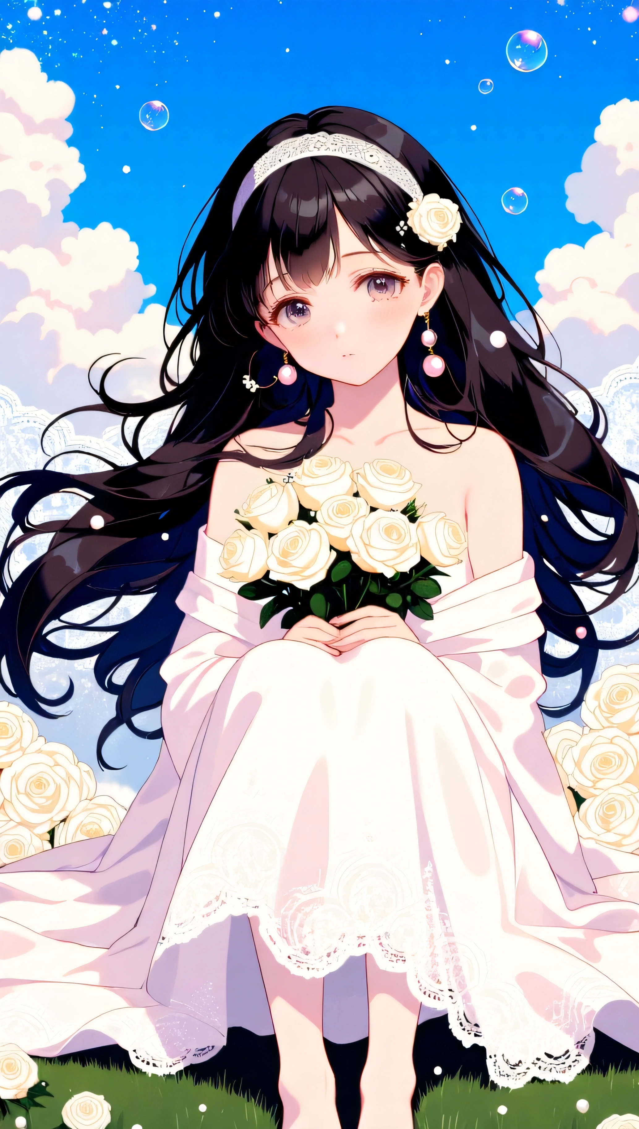 A black-haired girl, dressed in a white wedding gown, holds a bouquet. She stands in a blooming rose field, with the sky as her backdrop, creating a sense of depth and vastness. Her posture is elegant and dignified, while the surrounding natural elements add a touch of tranquility to the scene.