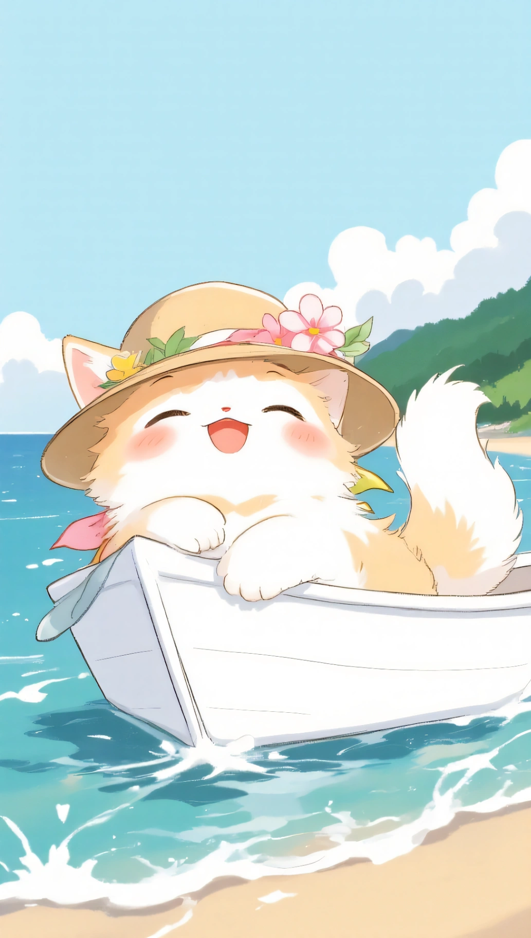 The adorable cat seems to be leisurely sailing on a small boat across the calm sea.