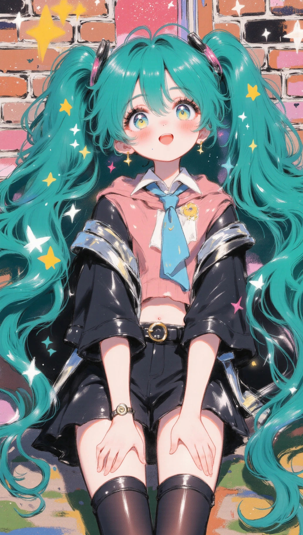 Hatsune Miku, mengenakan pakaian yang modis, menatap ke langit, tenggelam dalam dunia di balik bintang-bintang. Ekspresinya dipenuhi dengan keheranan dan kepolosan yang murni.