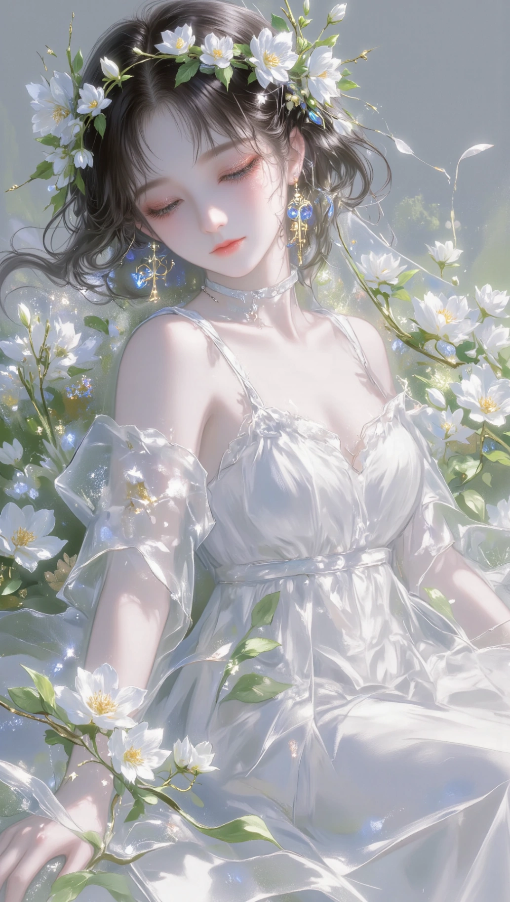 ในภาพวาดแฟนตาซีอันแสนสงบนี้ สาวน้อยในชุดเสื้อคลุมอันงดงามกำลังพักผ่อนอย่างสงบท่ามกลางของขวัญจากธรรมชาติ เธอสวมมงกุฎดอกไม้และสวมชุดเดรสสีขาวอันวิจิตร กลมกลืนกับฉากหลังสีเขียวเหมือนกับผ้าทออันน่าหลงใหล ราวกับว่าเธอเป็นตัวแทนของฤดูใบไม้ผลิ ภาพนี้เปล่งความงามอันสงบนิ่ง นำผู้ชมเข้าสู่โลกที่ความฝันเบ่งบาน