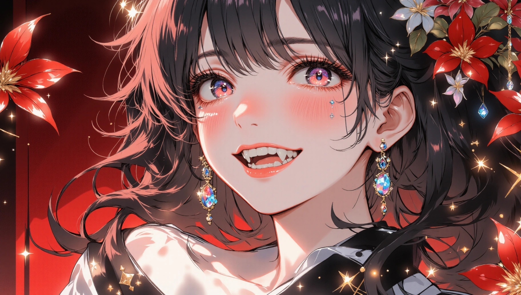 A vampire girl exudes a mysterious and charming aura. Her captivating smile, set against a red background, adds an even more dangerous atmosphere.