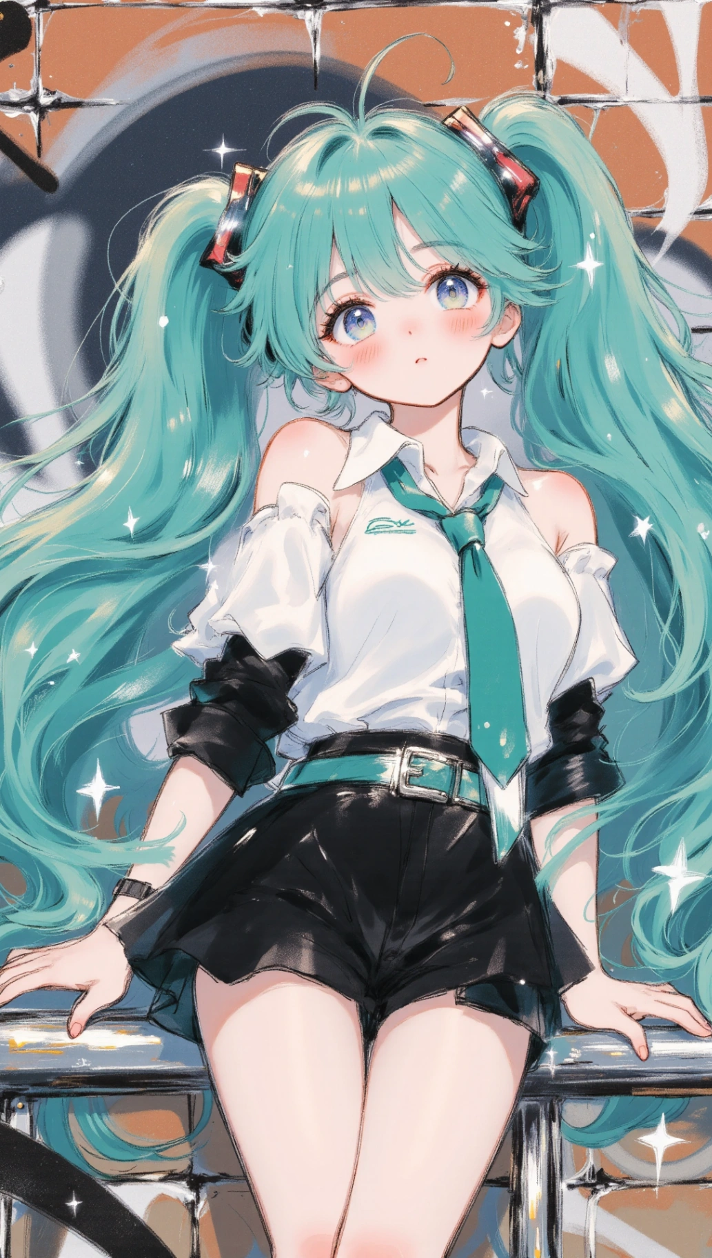 Di depan dinding bata yang dicat, Hatsune Miku menjadi mercusuar budaya fashion. Dia dengan santai bersandar di pagar, pandangannya tertuju ke suatu tempat di luar pandangan kita, mungkin pada penonton yang tak terlihat atau mimpi yang tak terucapkan.