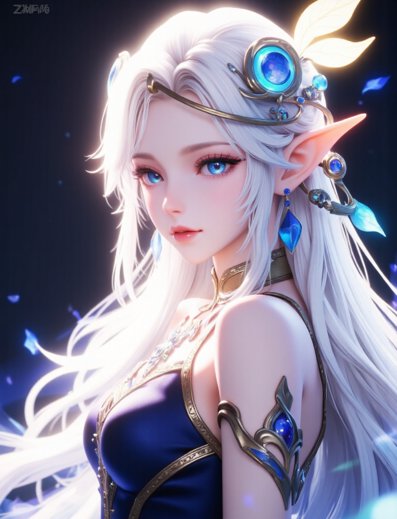 A Diao Chan from Honor of Kings, with long white hair flowing, wearing exquisite head ornaments, and dressed in a flowing blue long skirt. Behind her is a soft blue light, creating a magical atmosphere. She gazes into the distance with a serene expression, exuding a sense of mystery.