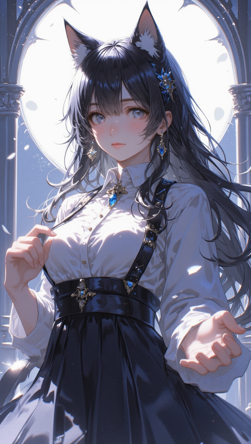 ตัวละครหญิงการ์ตูนที่มีหูและหางแมว สวมชุดกระโปรงสีน้ำเงินเข้มกับคอเสื้อสีฟ้าอ่อน ยื่นมือมายังผู้ชม