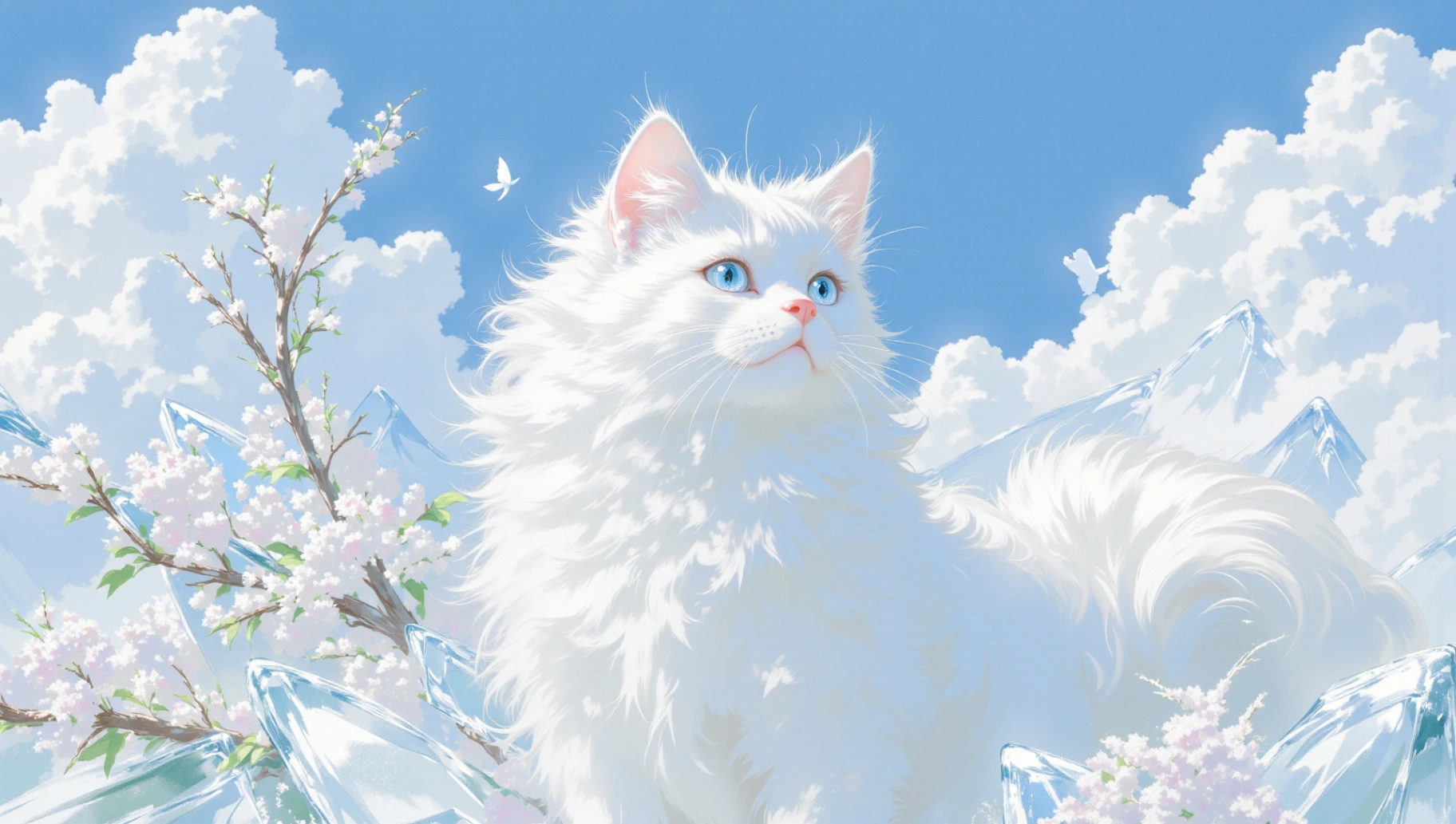 In a realm where dreams and reality intertwine, there exists an adorable ragdoll cat, standing amidst crystal-adorned branches.