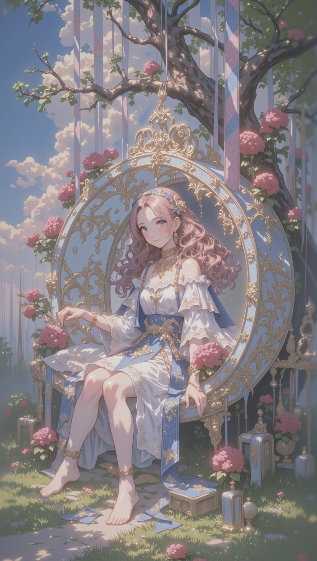 เด็กหญิงนั่งอย่างสง่างามในตะกร้าแขวนที่ประดับประดาอย่างสวยงาม พื้นหลังมีรายละเอียดมากมาย ดอกไม้สีชมพูเพิ่มบรรยากาศอันน่าหลงใหลให้กับฉากนี้