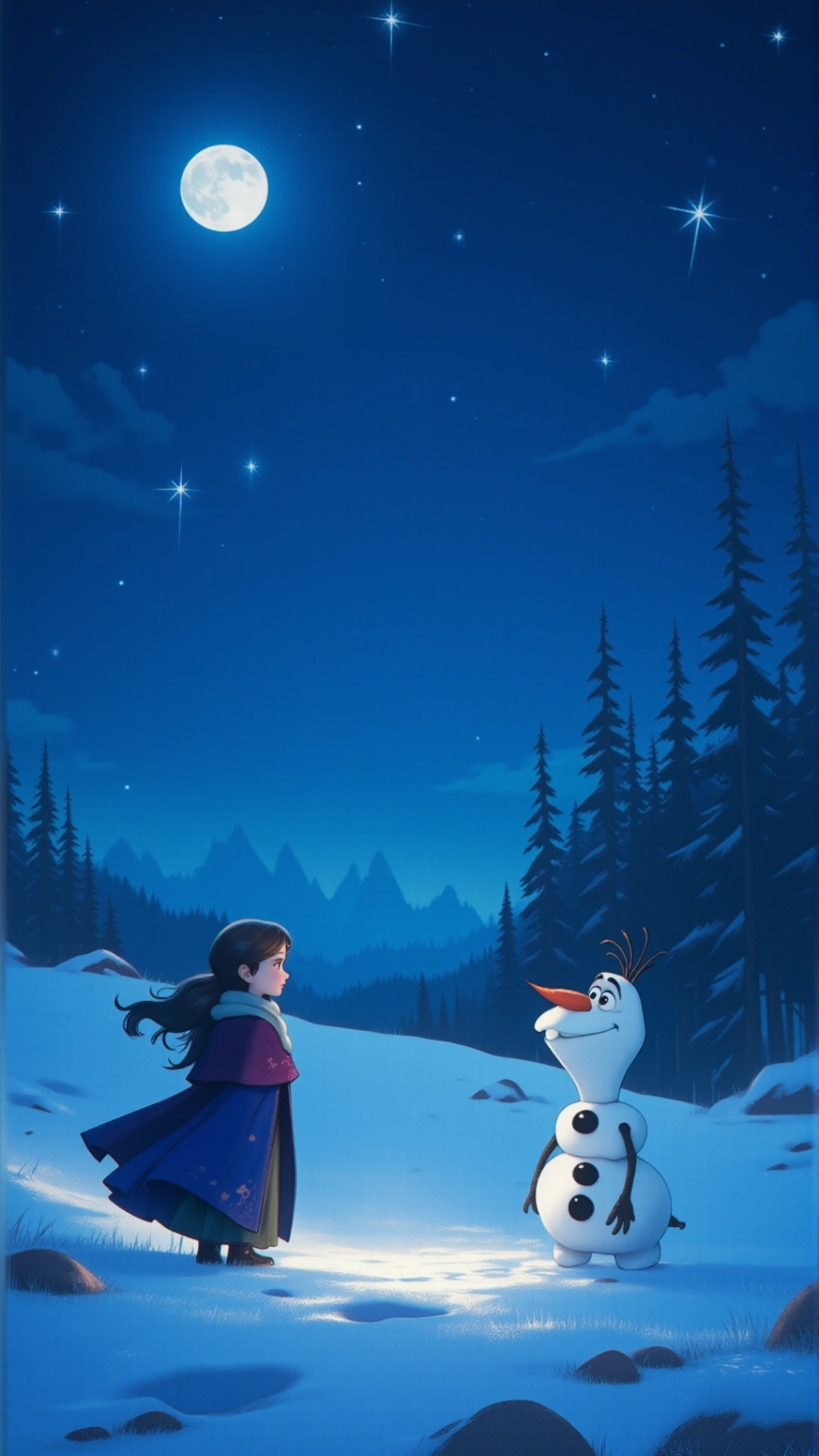 The magical encounter between little Anna and Olaf in Frozen, the two cuties looking at each other curiously.