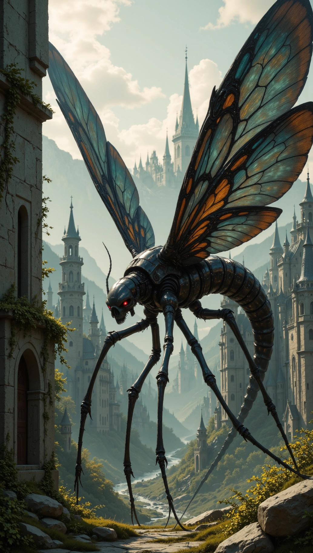 A fantasy creature resembling a dragonfly, with a mechanically constructed body. This creature flies above a lush green landscape.