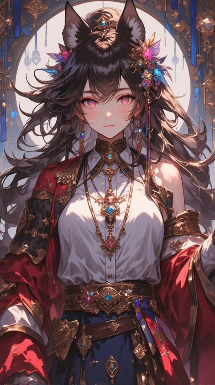 เด็กหญิงสวมเสื้อคลุมสีแดงอันงดงาม ประดับด้วยเครื่องประดับที่สวยงาม และหูหมาป่าสีเทาดำบนศีรษะของเธอเพิ่มความน่ารักให้กับเธอ