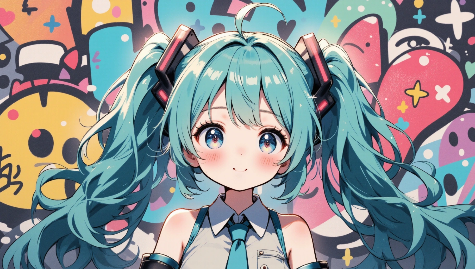Di dunia di mana seni dan teknologi menyatu dengan sempurna ini, Hatsune Miku bagaikan mercusuar harmoni dan kreativitas. Graffiti yang penuh warna di belakangnya, seperti kanvas, menampilkan imajinasinya yang penuh keceriaan anak-anak.