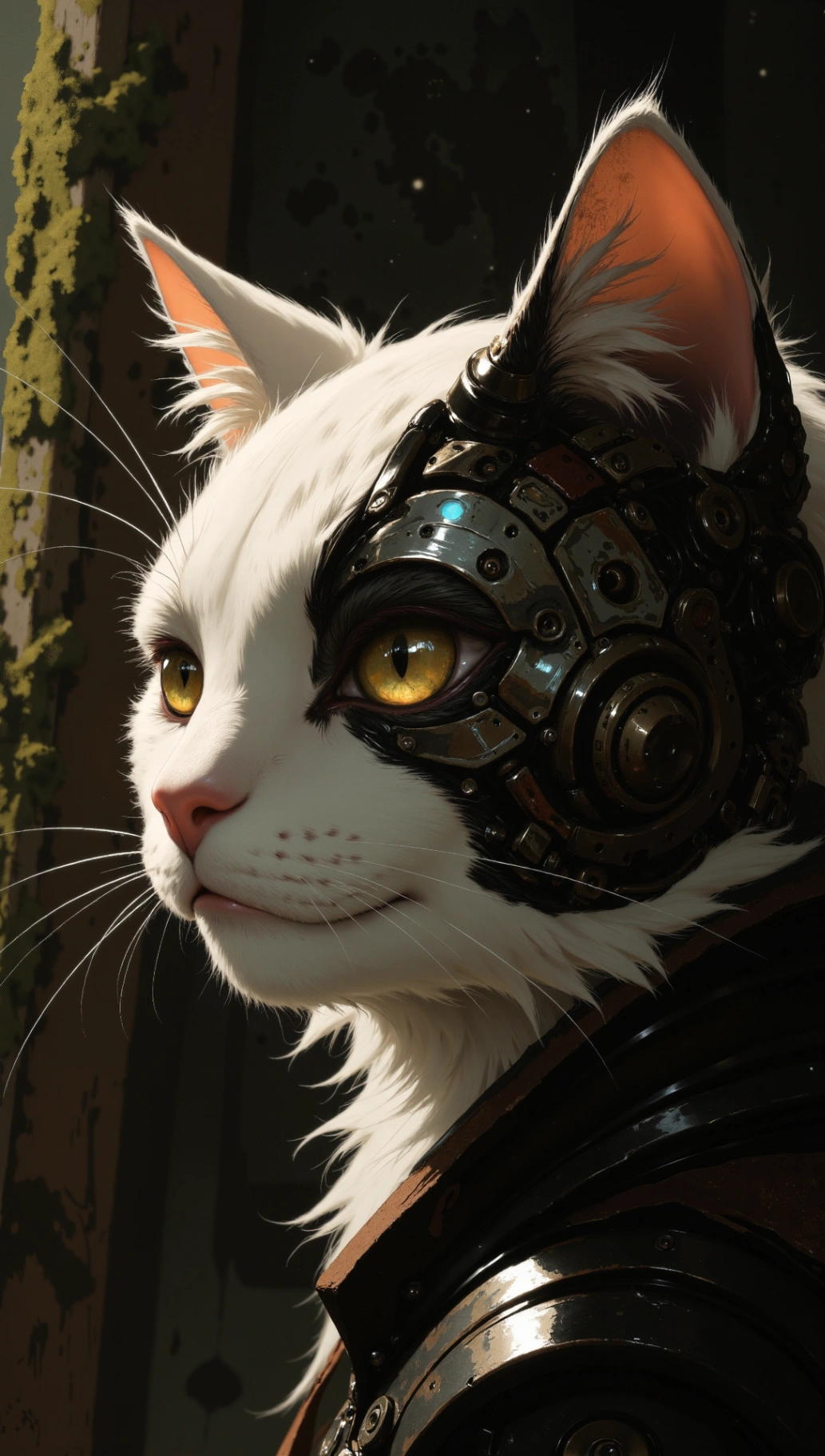 A cat with grizzled fur, yet half of its face is mechanical.