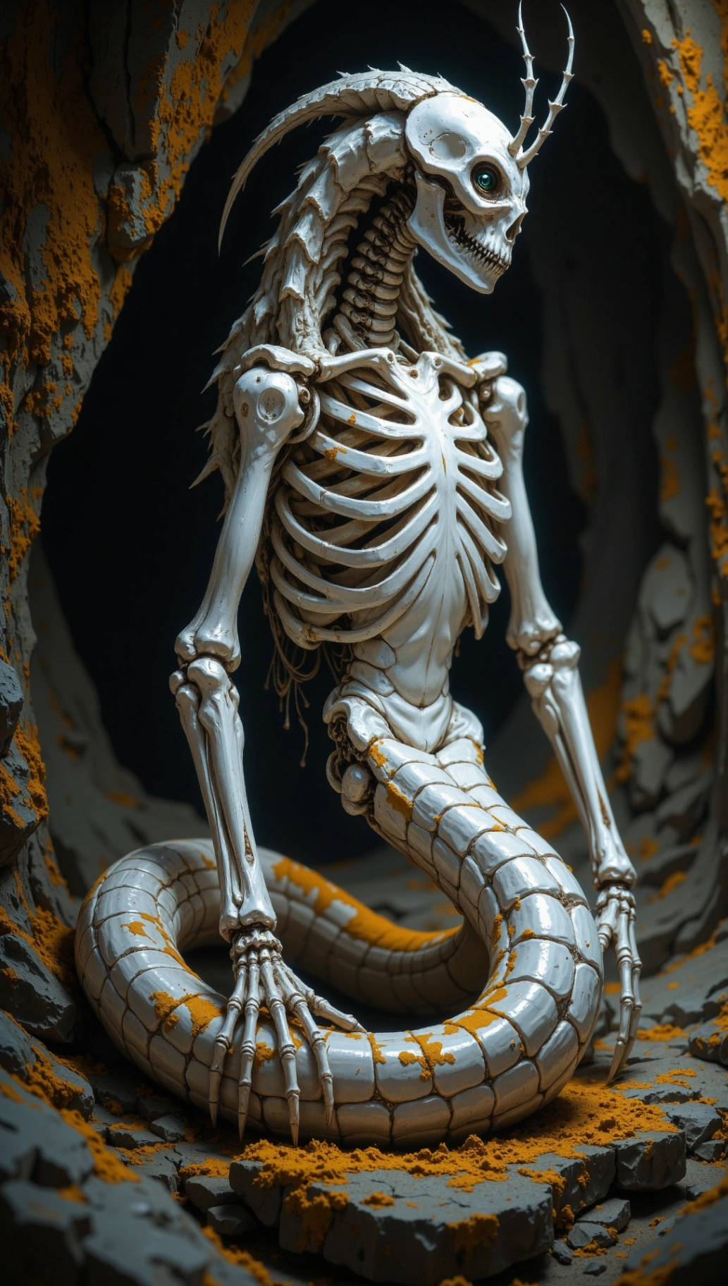A skeletal figure resembling a snake or a giant python, with an elongated body and a prominent skull. The skeleton sits on a rocky surface, located in what appears to be a cave, with walls covered in orange-yellow stains or marks.