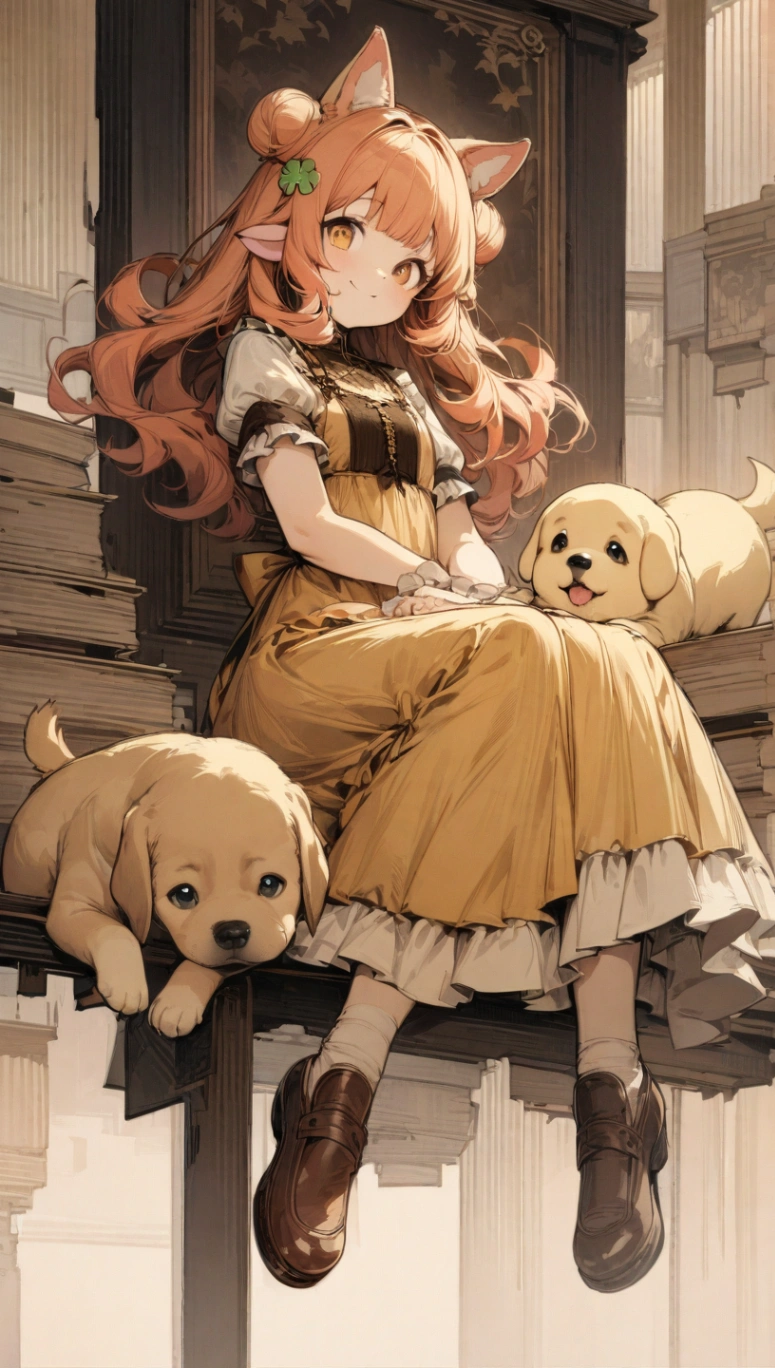 In a vividly told story world, there exists a land brimming with magic and enchantment. A mysterious figure in a golden gown sits at a border lined with books. Her loyal companions—two small yellow dogs—lie at her feet, their eyes gleaming with anticipation.