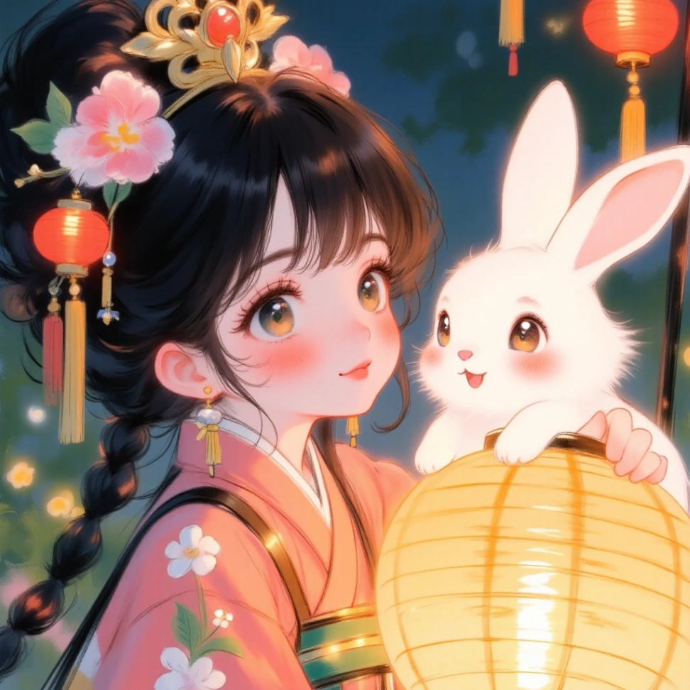 Một cô bé mặc trang phục truyền thống sặc sỡ cầm chiếc đèn lồng, với chú thỏ đáng yêu nghịch ngợm đậu trên đó, chiếc đèn tỏa ánh sáng ấm áp. Tạo nên một bầu không khí mộng mơ.