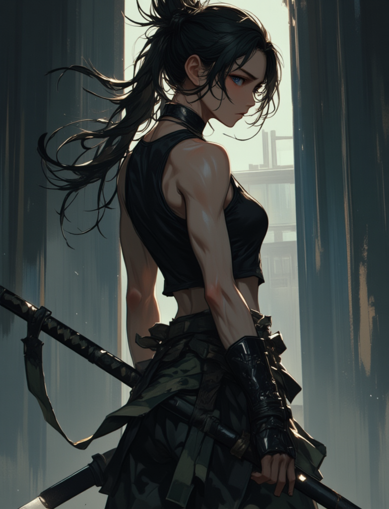 Centered on a female warrior, her taut muscles, crisp attire, and posture suggest she is ready for battle, while the surrounding environment adds depth and mystery.