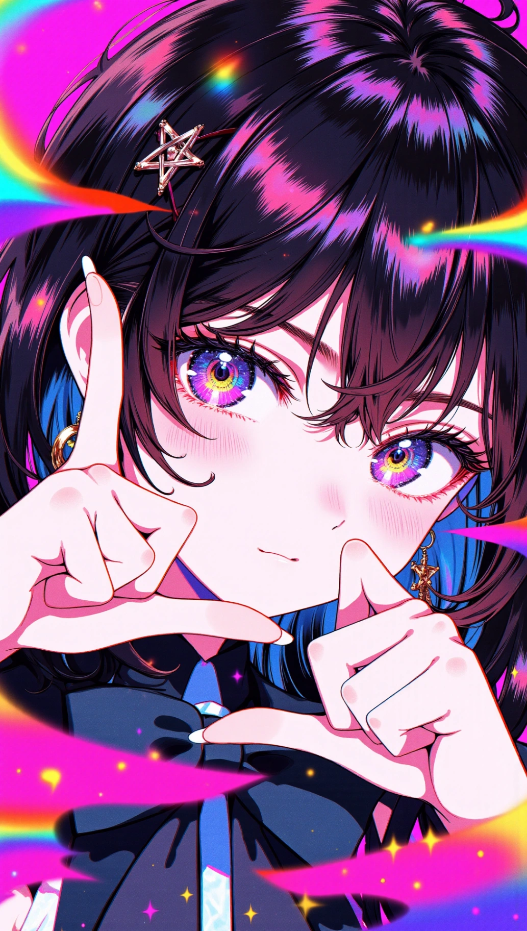 An anime-style character with vibrant colors predominantly in her hair and background. She has a pair of expressive large eyes and is making a gesture.