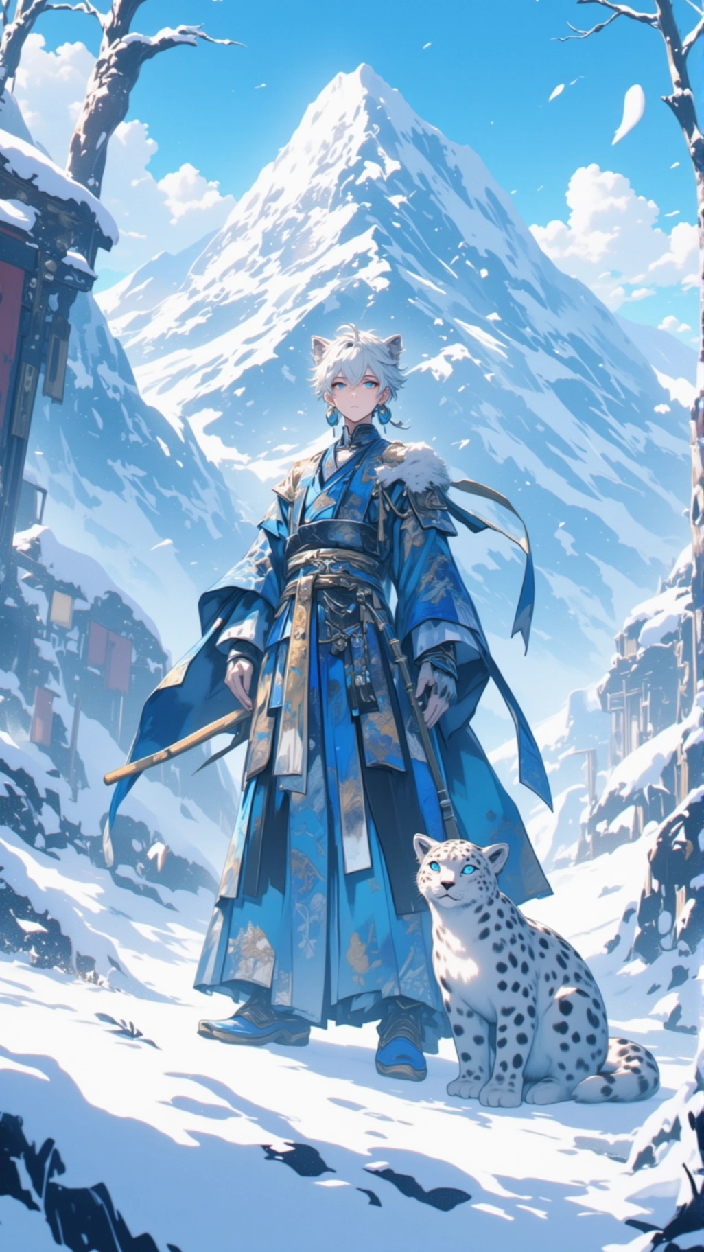 In a land where wilderness and civilization converge, a lone warrior guards the ancient traditions. By his side, a snow leopard, as graceful as the mountain peaks they stand upon, silently protects this land together.