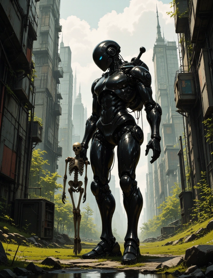 Sebuah robot hitam yang tinggi dan berkilau logam, memegang kerangka manusia di tangan kirinya, berdiri di kota yang tandus.