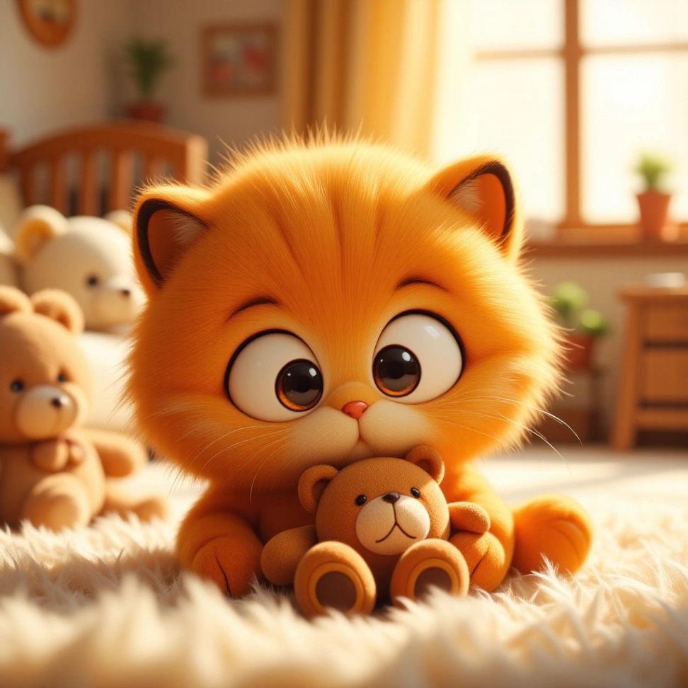 Di dalam ruangan yang nyaman, Garfield memeluk boneka beruang coklat dengan ekspresi yang menggemaskan di wajahnya.