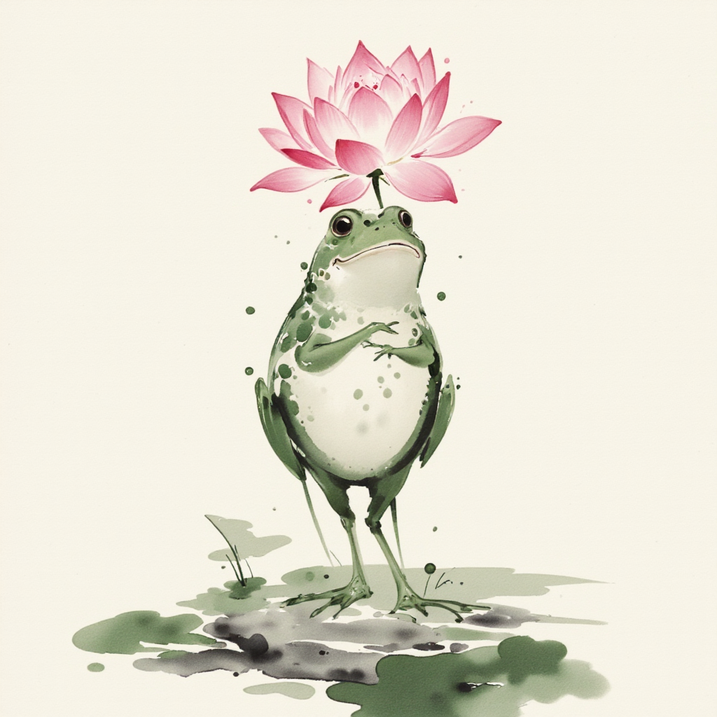 The frog and the lotus are at the center of the pond background. The colors are mainly green and pink, creating a vivid atmosphere. The technique of light and shadow highlights the details and textures in the scene, emphasizing the proud posture of the frog and the flower.