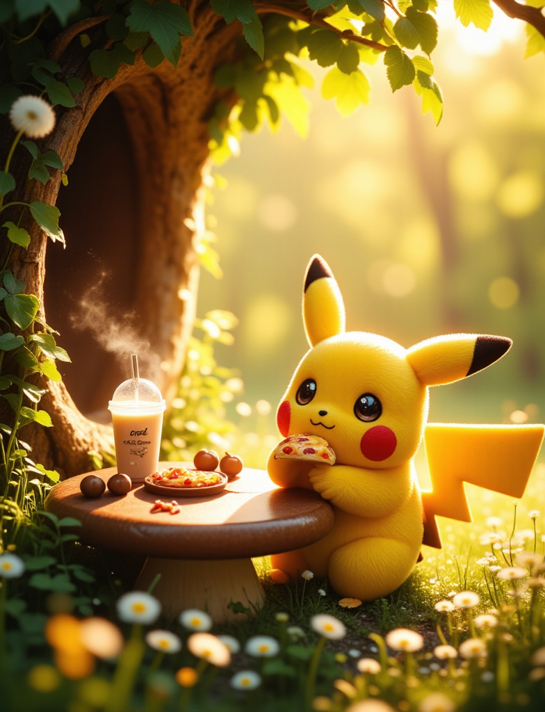 Pikachu is sitting on a picnic bench. Holding a slice of pizza in its hand, it adds a fun and joyful element to the scene. The surrounding environment uses bright colors, creating a peaceful and pleasant atmosphere.