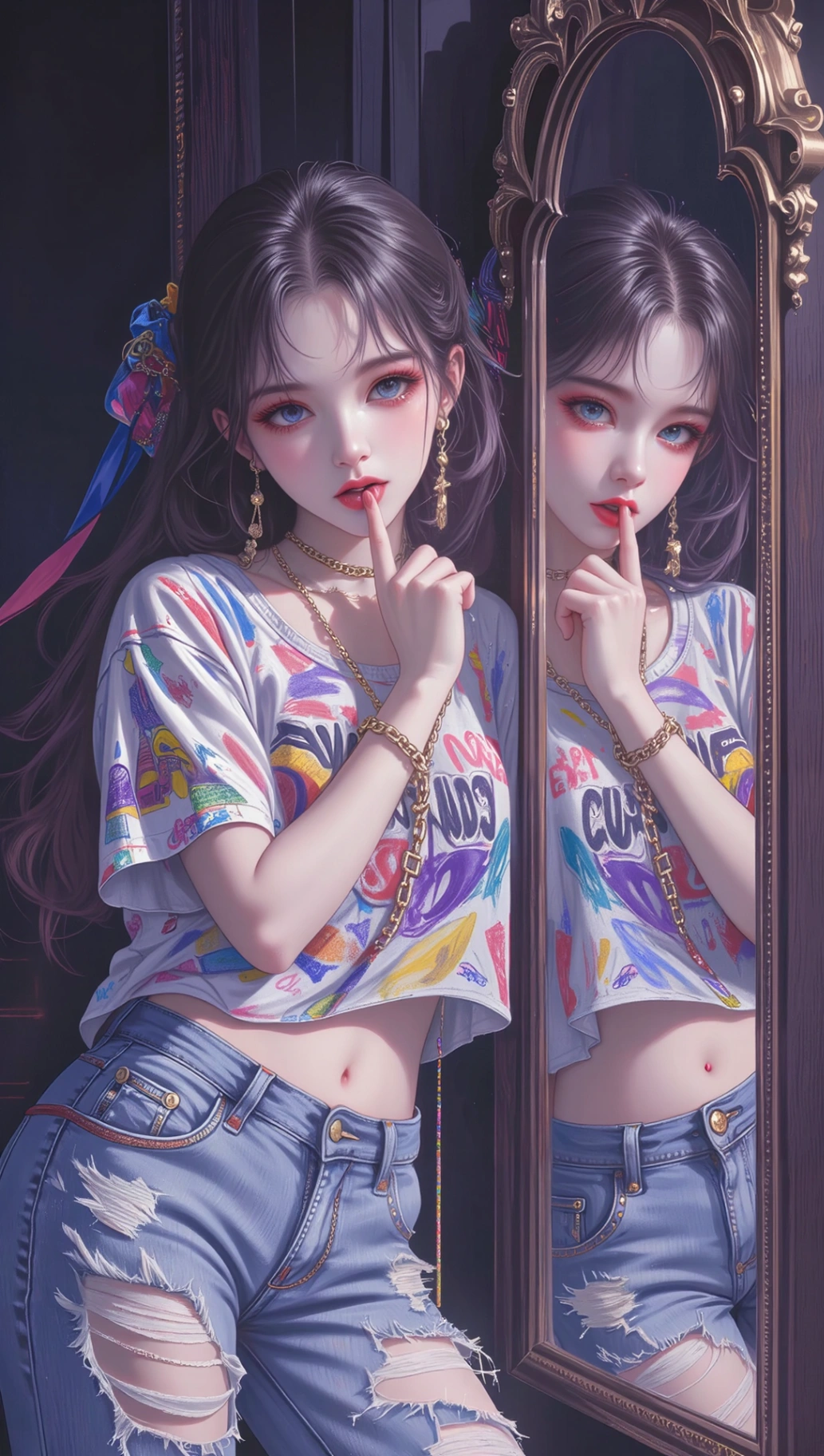 A young woman strikes a playful pose, with one hand covering her mouth, hinting at a secret or surprise. The background behind her is a mirror, reflecting the dim light of the room. The lady's attire and the overall aesthetic of the picture showcase a modern urban style.