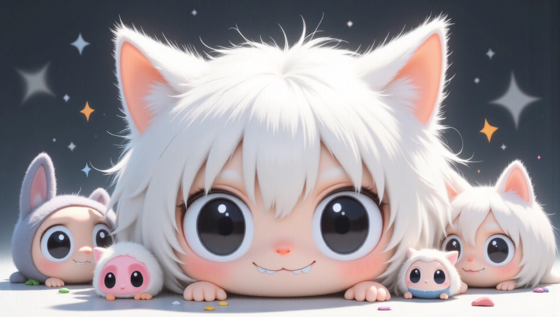 Depicts a group of cat-eared Labubu in a cute and artistic way.