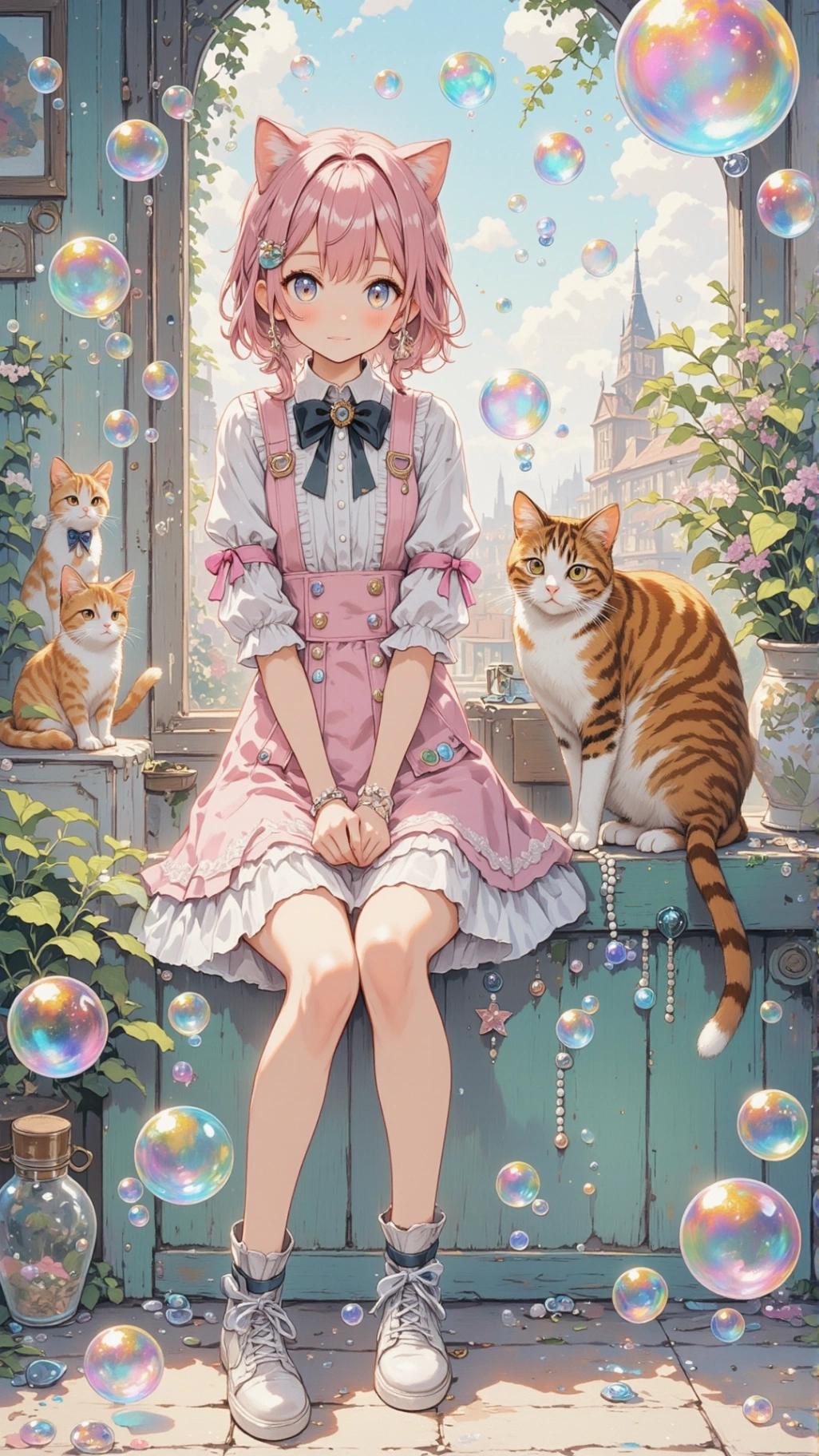 A sweet and adorable cat girl and a mischievous orange cat sit by the window. They are surrounded by vibrant, colorful bubbles, adding a touch of playfulness and joy to the entire scene.
