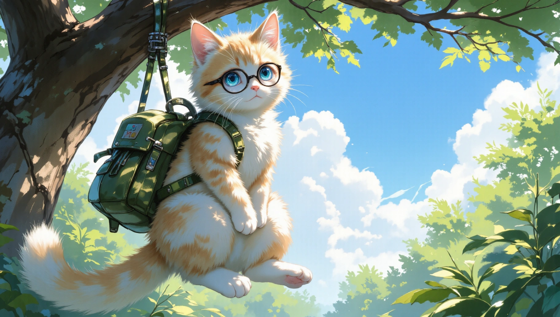 Kucing yang malang tampak tergantung di dahan dengan tali, menatapmu dengan polos.