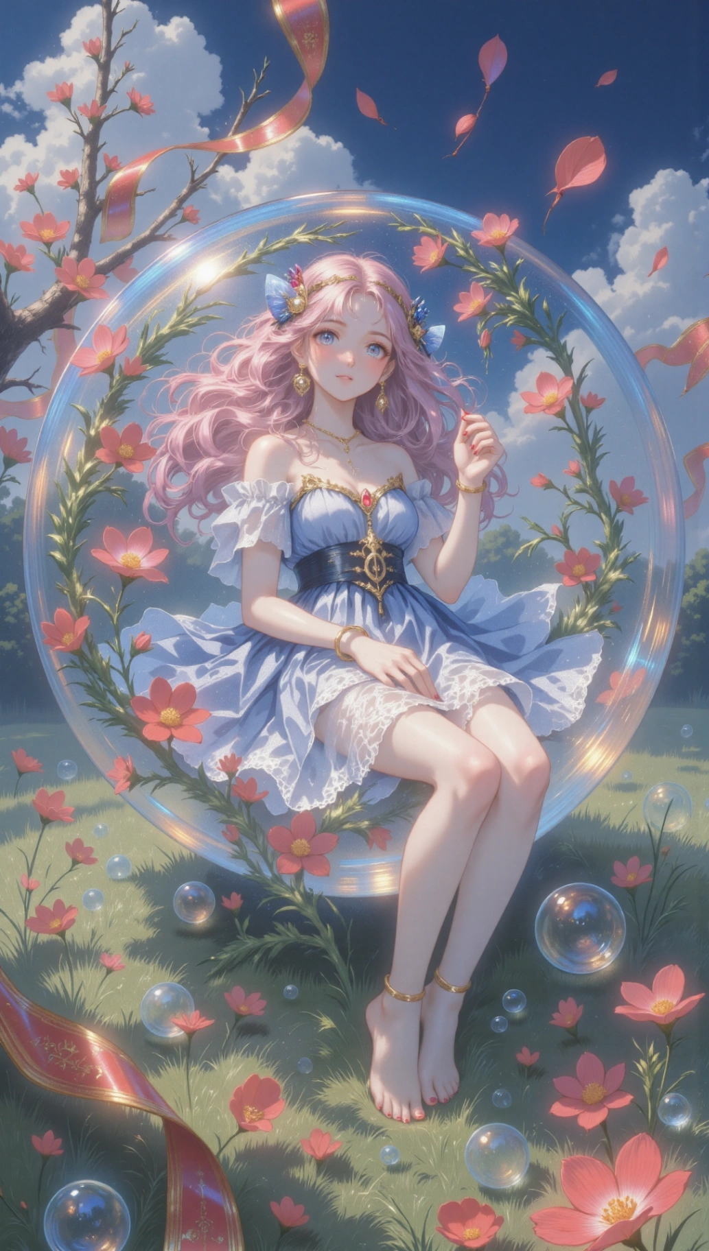 เด็กหญิงสวยนั่งอยู่บนเครือดอกไม้ในฟองอากาศ กลีบดอกไม้สีแดงร่วงหล่นตามลม และแสงสว่างส่องมาจากด้านหลังเธอ บ่งบอกถึงบรรยากาศที่สงบสุข