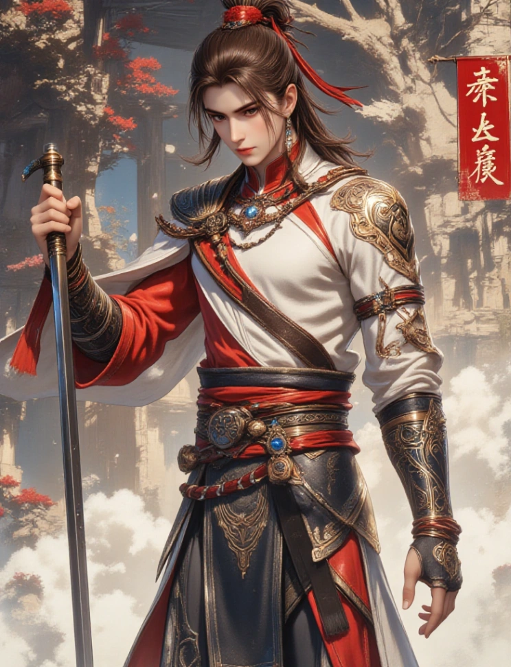 A character in a game stands confidently, holding a sword, dressed in ancient Chinese-style clothing with a red belt around the waist. Exuding an aura of authority and mystery.