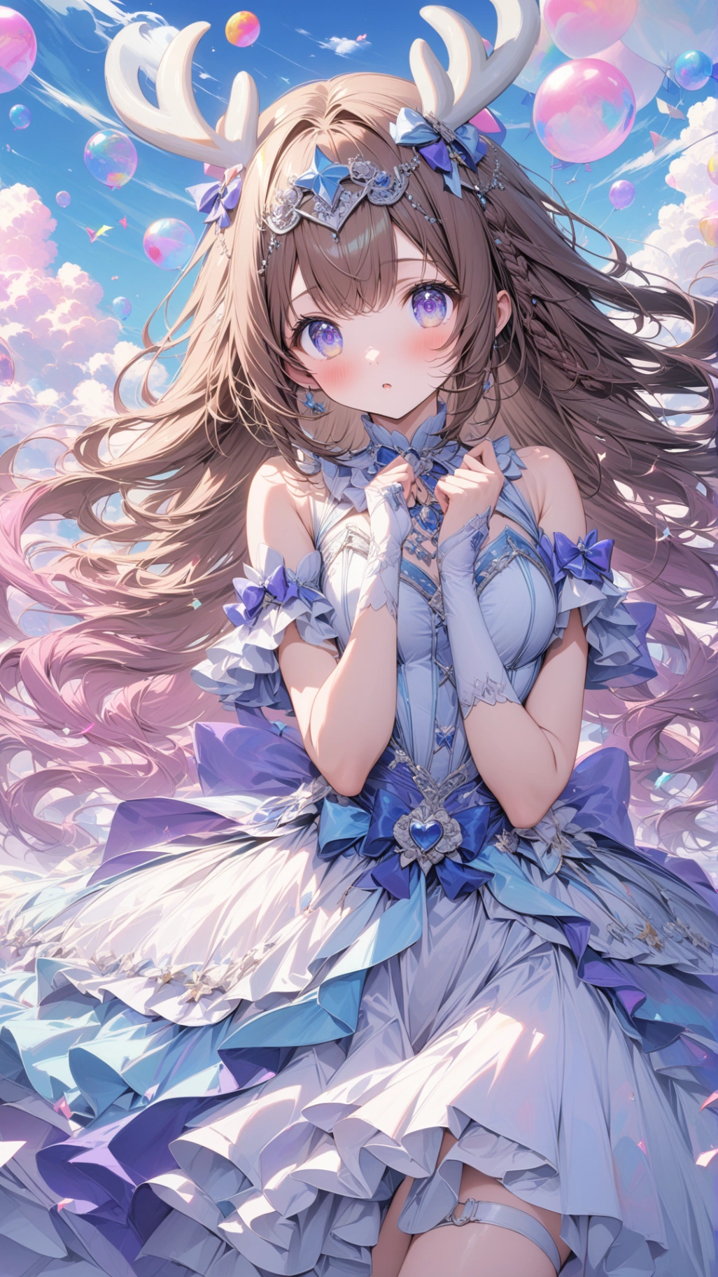 In the whisper of magic, a phantom of white antlers adds an elegant hue to the scene. Dressed in a flowing blue-purple Lolita robe, she gazes at the distant horizon, her eyes filled with awe that only true wonders can inspire.