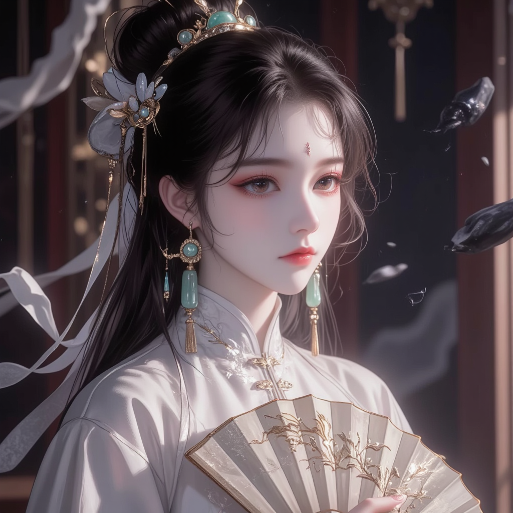 หญิงสาวที่มีสีหน้าเรียบง่าย สวมใส่เครื่องประดับแบบดั้งเดิมของจีน เช่น พัดพับและต่างหูหยก การใช้แสงและเงาในพื้นหลังช่วยเพิ่มบรรยากาศความลึกลับ ทำให้ฉากเต็มไปด้วยบรรยากาศที่สงบ