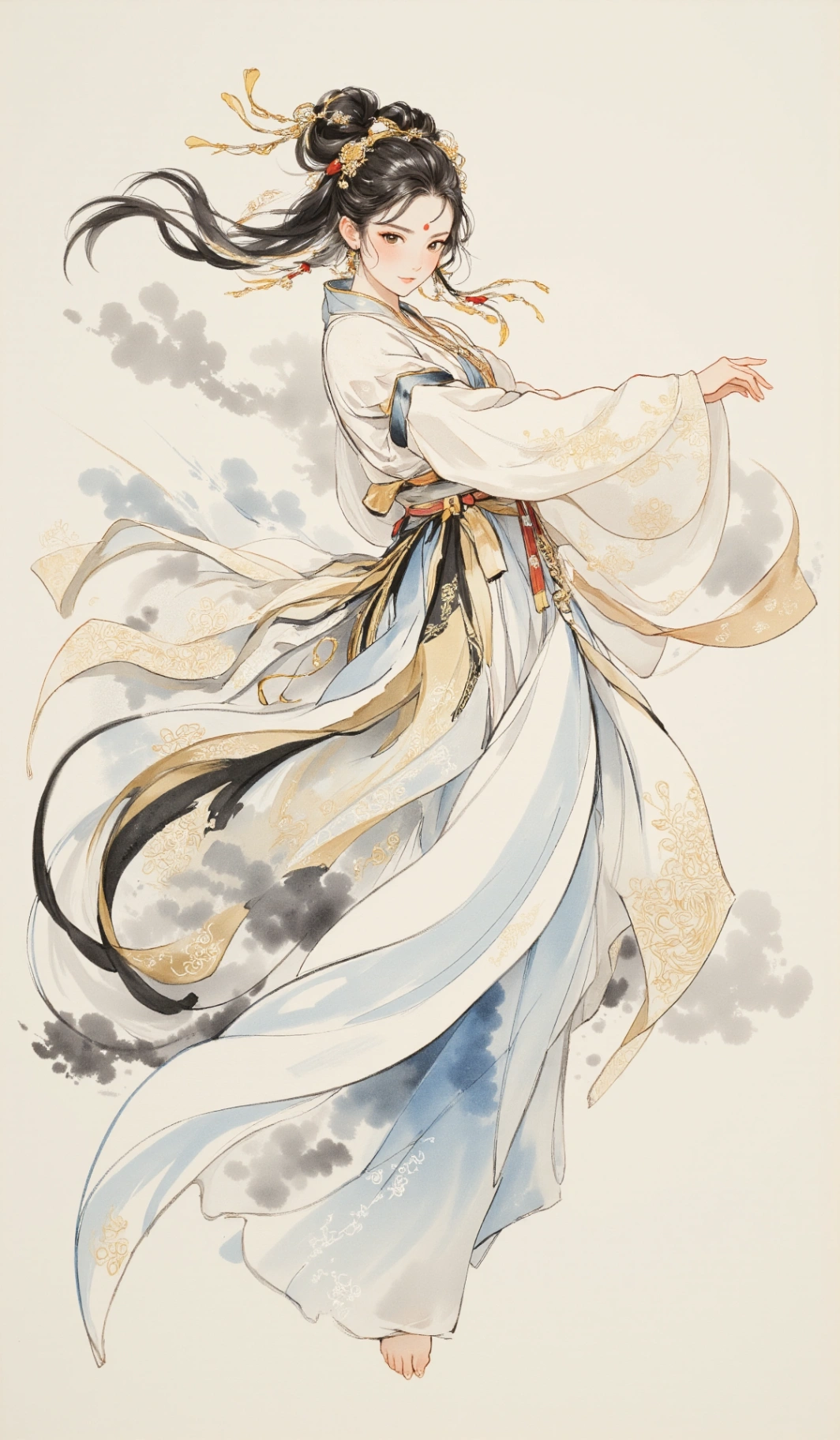 A female character with flowing long hair and dynamic attire, possibly inspired by traditional Chinese clothing.