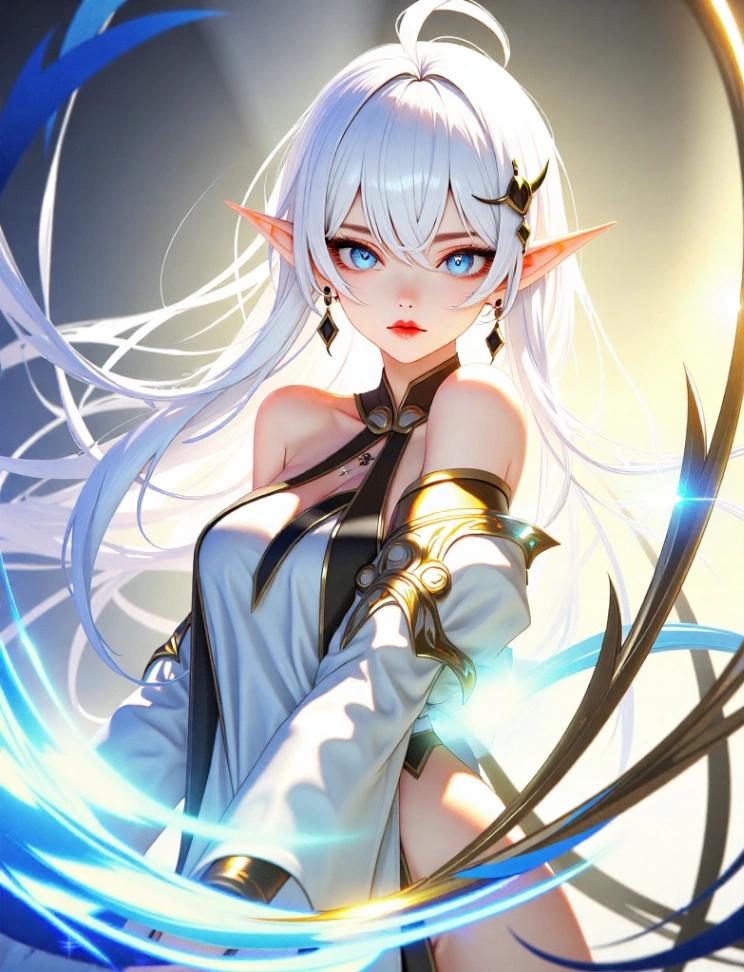 The elf in battle wears white attire. She slashes with a blade's gleam. The scene, dominated by blue and white hues, is accentuated with gold and silver, adding a mysterious atmosphere to the picture.