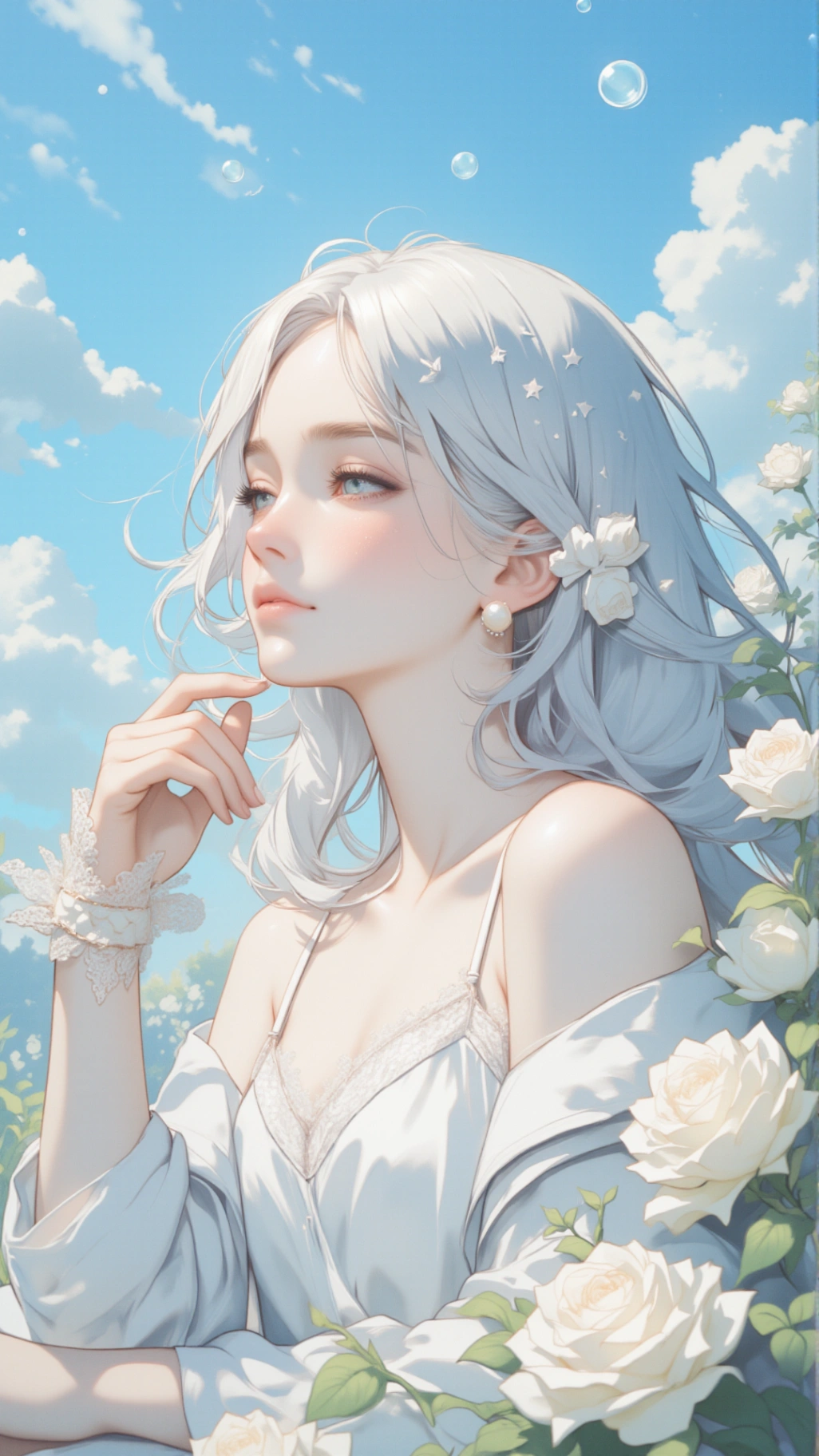 A silver-haired young woman is the central figure. Her position in the frame balances with the background of white flowers, hinting at a theme of purity or innocence. The soft colors and light create a serene atmosphere.
