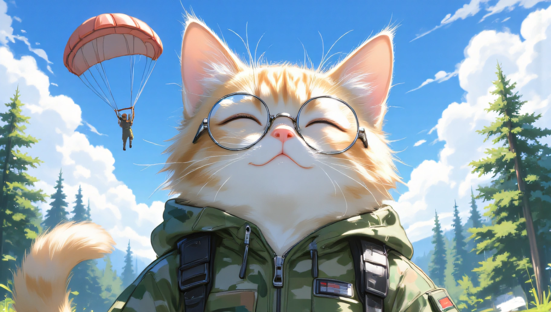 A personified cat, wearing glasses and a military-style jacket with badges.