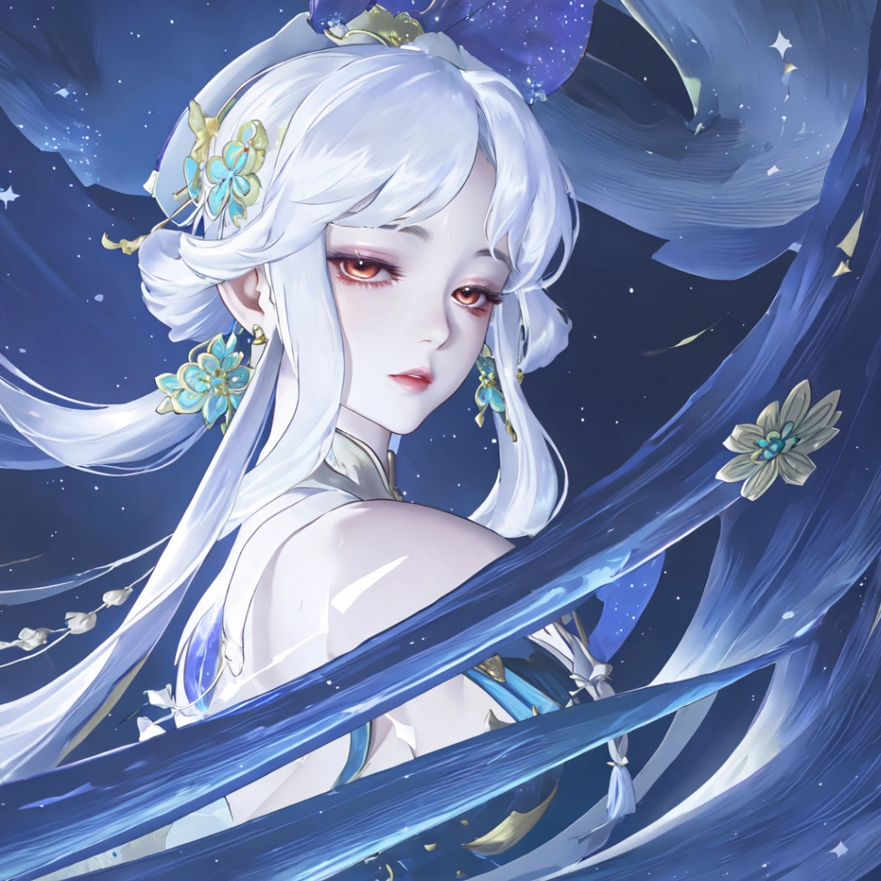 Chang'e in 'Honor of Kings', set against the enchanting backdrop of a starry sky and the flowing Milky Way. Composed of cool tones of blue, white, and purple, it creates a tranquil and mysterious atmosphere.