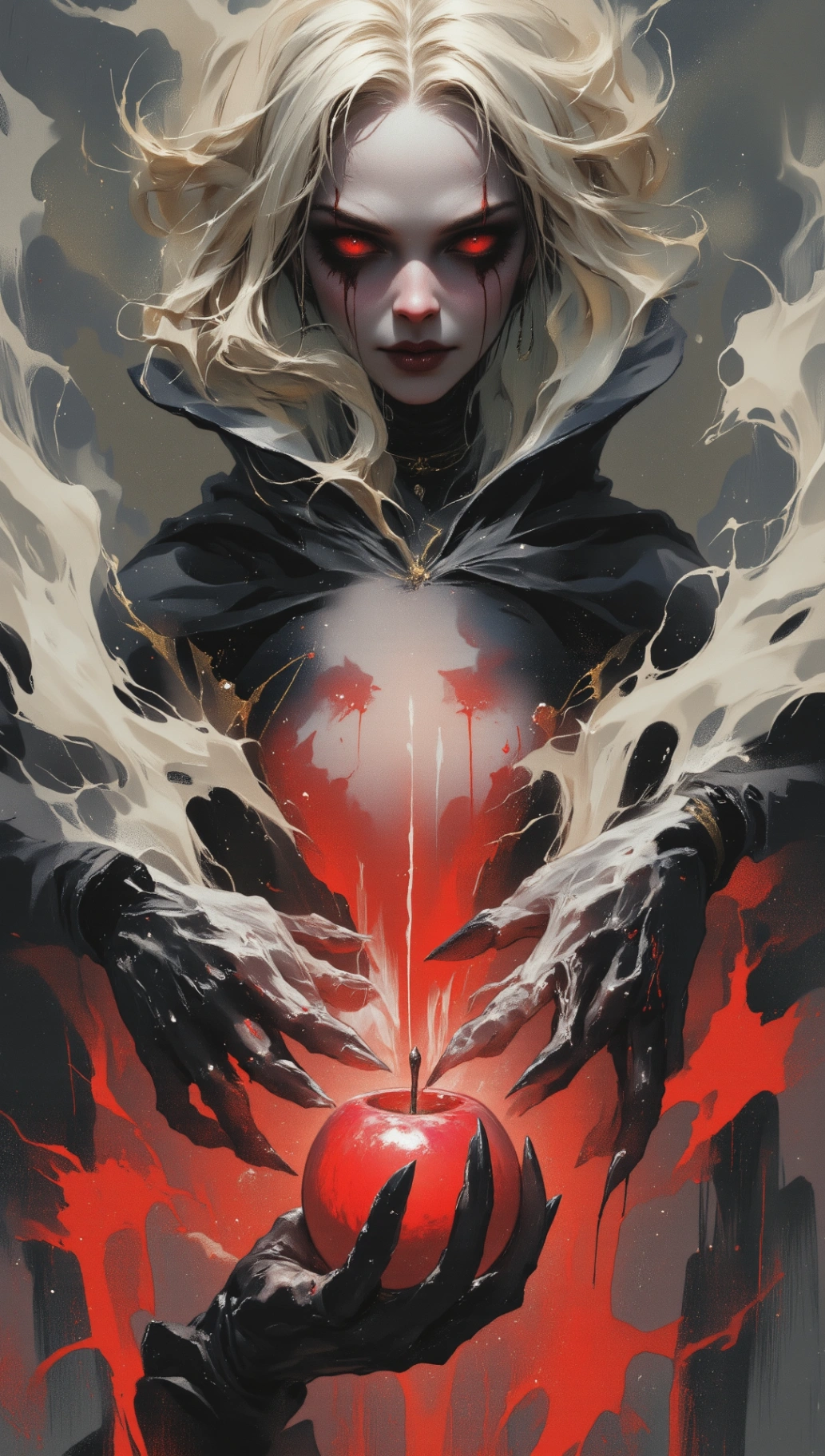 A witch with pale skin and striking red eyes. She has blonde hair and wears a black hooded cloak. In her right hand, she holds an apple that glows with light.