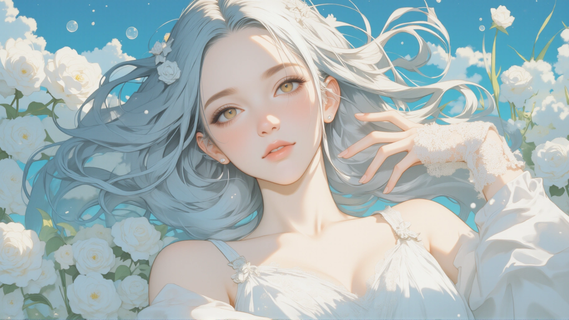 A young girl lies quietly in a sea of floating flowers, elegant and serene. Her silver hair flows like a waterfall, softly blending with the delicate petals around her.