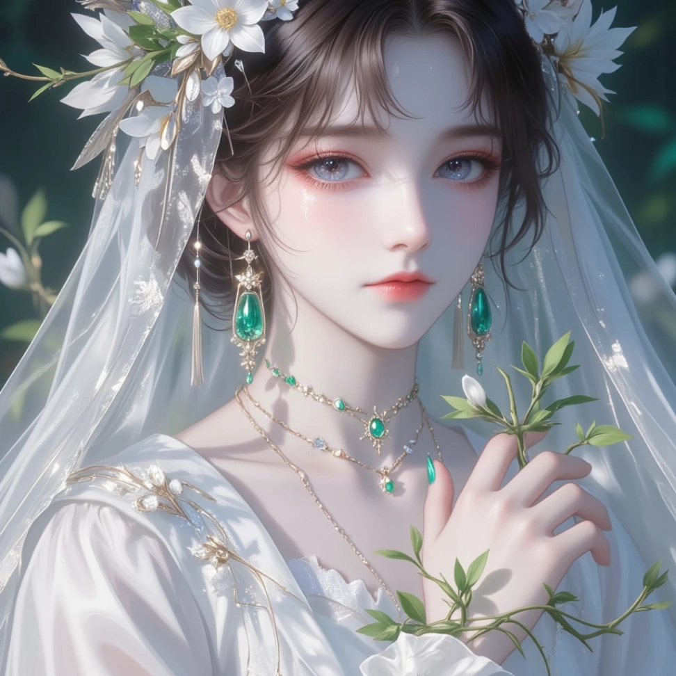 풍성하게 올려 묶은 긴 머리와 생기 넘치는 녹색 눈을 가진 젊은 여성. 그녀는 신부 베일을 쓰고 있고, 손목에는 꽃가지가 감겨 있어 마치 어떤 마법이 깃든 것 같습니다. 배경은 흐릿한 녹색 식물로, 평온하고 낭만적인 분위기를 만들어 냅니다. 전체적인 색조는 부드럽고, 흰색과 녹색이 주를 이루며, 약간의 금색과 청색이 가미되어 있습니다. 이 꿈결처럼 아름다운 그림은 결혼식이나 약혼 발표용 배경화면으로 사용하기에 완벽합니다.