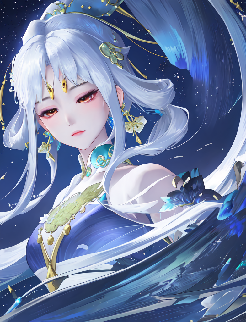 ฉางเอ๋อใน 'Honor of Kings' พื้นหลังเป็นท้องฟ้าที่เต็มไปด้วยดาวที่เคลื่อนไหว ตัวละครสวมชุดและเครื่องประดับที่หรูหรา ผมยาวพลิ้วไหว ให้ความรู้สึกของการเคลื่อนไหวที่สง่างาม