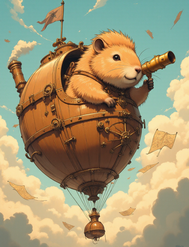 Seekapibara sedang mengemudikan pesawat udara steampunk, dengan kapibara berada di tengah komposisi, menarik perhatian, sementara detail yang indah dari pesawat udara dan komponennya menambahkan rasa eksplorasi dan keajaiban.